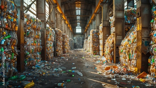 A wide-angle shot of an industrial warehouse filled with towering piles and bales of various types of plastic waste, including used bottles, laying on the floor and stacked against walls. 