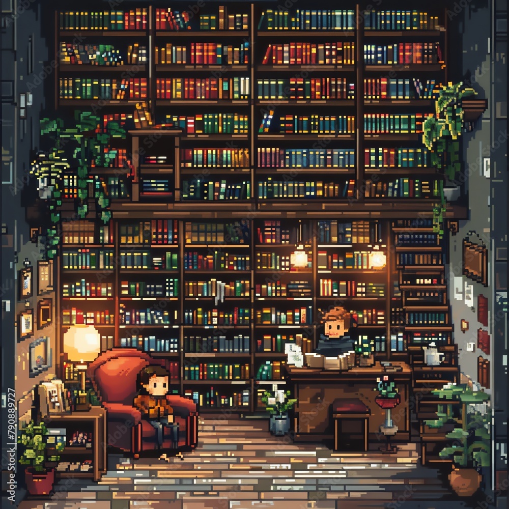 A cozy pixel art bookstore with readers and stacked shelves.
