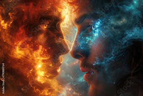 close-up, man of light composed of galaxies talking to the same man of light in front of him,cinematic