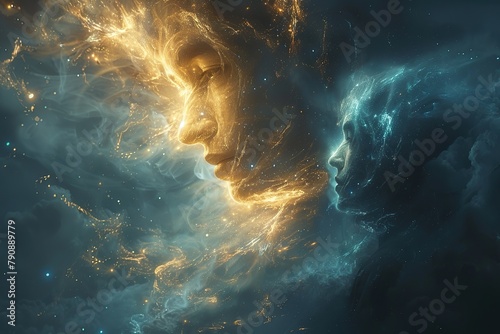 close-up, man of light composed of galaxies talking to the same man of light in front of him,cinematic photo