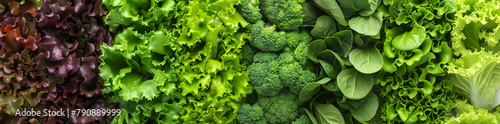 Assorted fresh vegetables include green and purple lettuce, broccoli floret, and spinach arranged in a healthy panoramic food background. Top view.