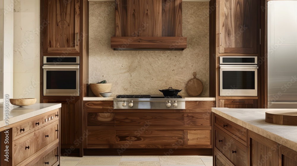 High-res image of a stylish kitchen boasting rich walnut cabinets and contrasting light sand walls, focusing on the elegant material palette and design aesthetics High-res image of a stylish kitchen boasting rich walnut cabinets and contrasting light sand walls, focusing on the elegant material palette and design aesthetics