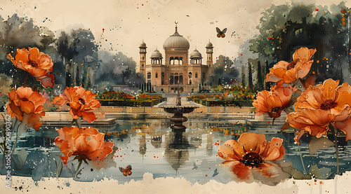 Floral Majesty: Mughal Garden Adorned with Butterfly Mosaics and Architectural Grandeur