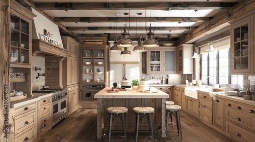 High-resolution image capturing the essence of a rustic kitchen, featuring warm wood cabinets and cream accents, emphasizing depth and natural beauty