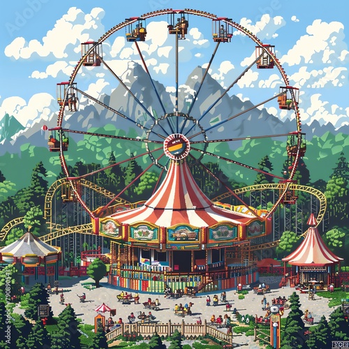 A pixel art amusement park with thrilling rides and happy visitors.