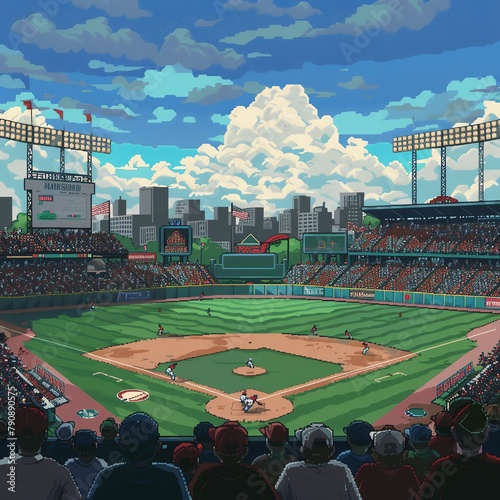 A pixel art baseball game with a full stadium of fans.