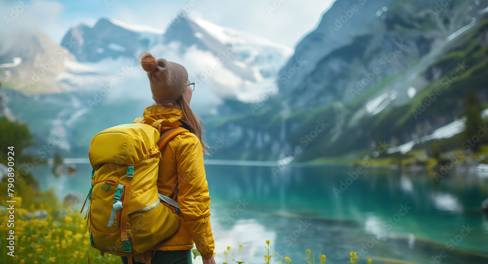 Female tourists admire the morning view from the shore. Looking at the mountains and lake Travel alone, admire the beauty, carry a large backpack. The concept of people and nature