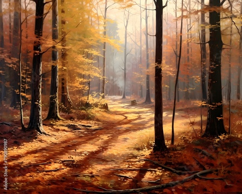 Autumn forest in a foggy morning. Panoramic image.
