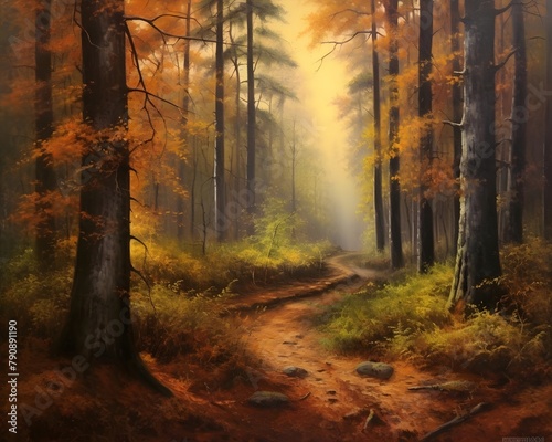 Autumn forest in the morning mist. Panoramic image. © Iman