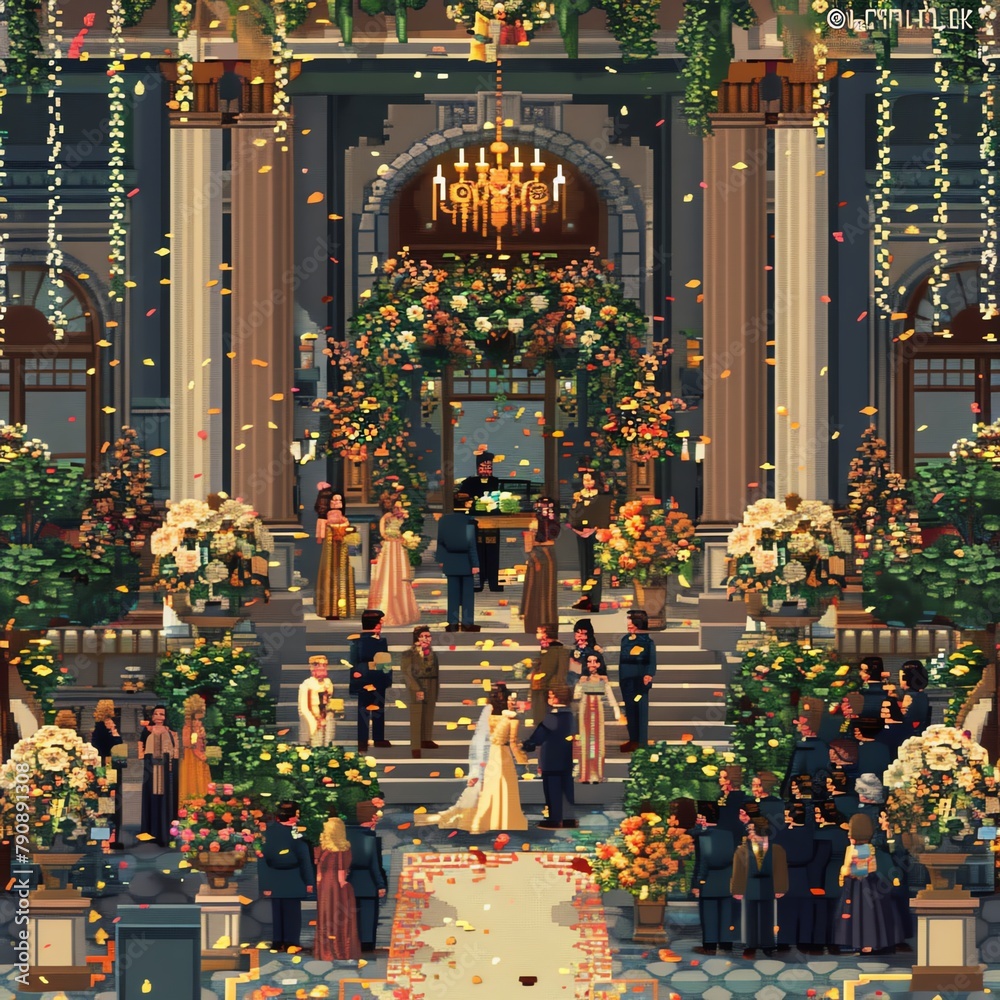 A pixel art wedding ceremony with a detailed crowd and decorations.