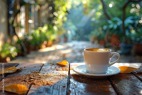 Early morning coffee outdoors with light and shadow with copy space