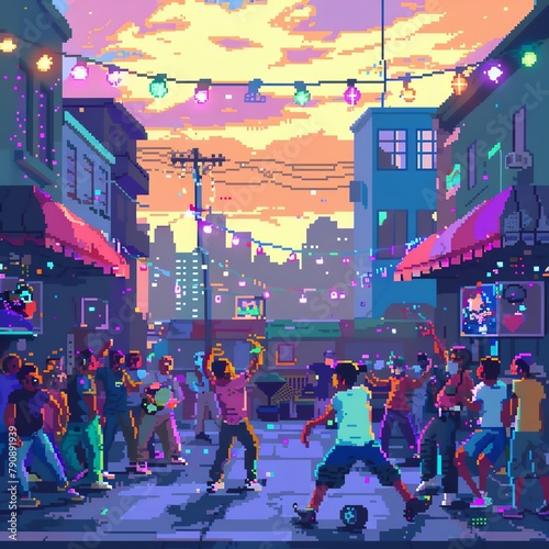 A vibrant pixel art street dance battle with onlookers and music.