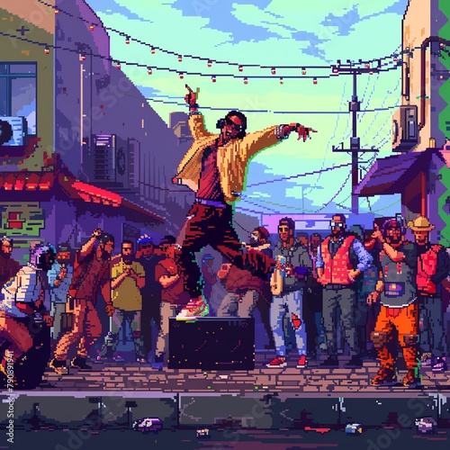 A vibrant pixel art street dance battle with onlookers and music.