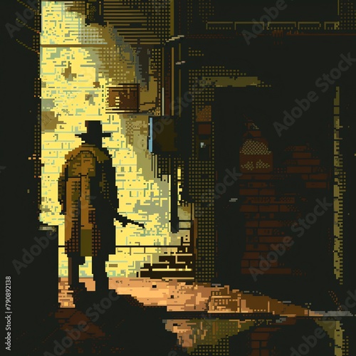 An 8-bit style film noir scene with shadows and a trench-coated detective. photo