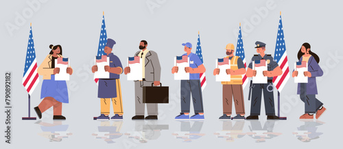 election day concept different occupations voters casting ballots at polling place during voting people holding paper ballots