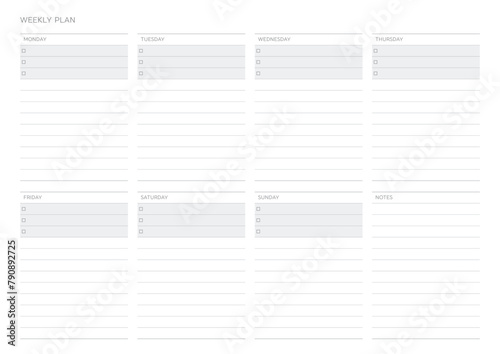 A weekly plan design template in a modern, simple, and minimalist style. Note, scheduler, diary, calendar, planner document template illustration.