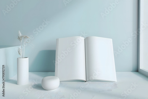 A4 A5 Magazine Brochure 3D Rendering White Blank Mockup  on white table  light blue wall