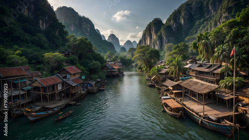 A river runs through a village with mountains in the background and boats docked along the river