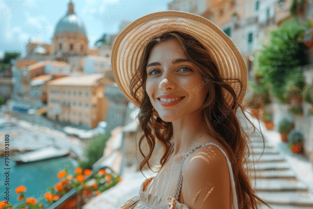 Joyful female tourist wearing straw hat taking selfie with historical European buildings in the background