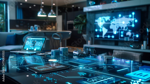 Wallpaper Mural A network of interconnected digital devices and smart gadgets in a futuristic home setting Torontodigital.ca