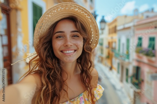 Joyful female tourist wearing straw hat taking selfie with historical European buildings in the background
