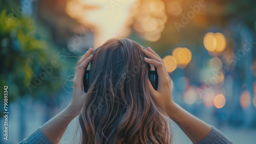 Behind a blonde woman is listening to music. photo