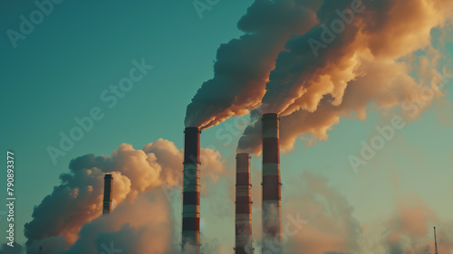 Smokestacks belching pollution into the atmosphere, contributing to the greenhouse effect and climate change. photo