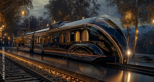 Classic Art Deco 3D render of a train with elegant decorative elements and polished surfaces. 3D Render.
