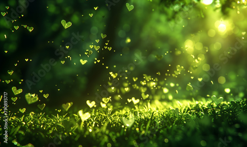 beautiful summer in nature with sunshine and bokeh hearts
