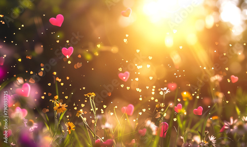 beautiful nature with hearts and sunlight