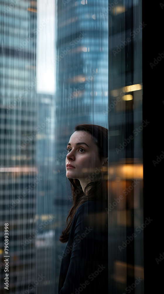 A businesswoman gazes intently through the window. The background consists of a blurred cityscape with multiple skyscrapers. Copy space