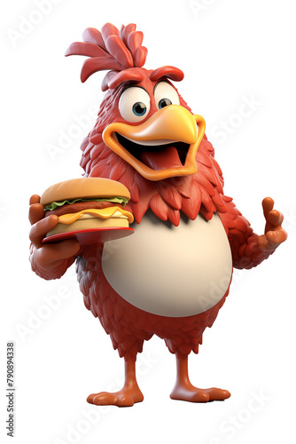 Cartoon chicken holding a delicious burger, A comical 3D illustration of a cartoon