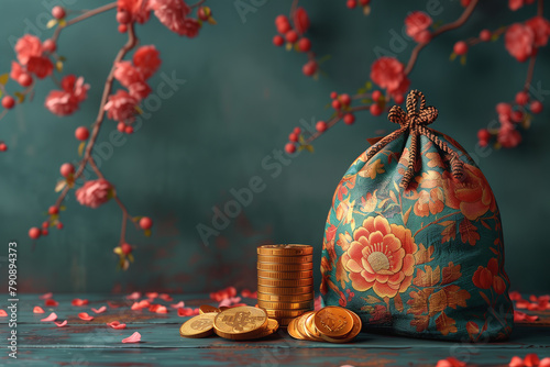 Floral Fabric Money Bag with Coins