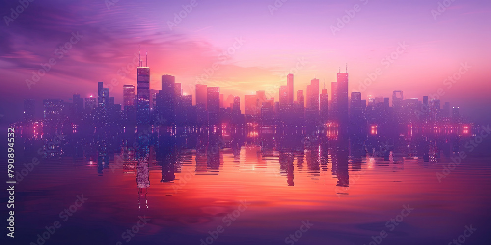 Urban Reflections Cityscape at Sunset with Purple Sky Reflected in Water at Dusk