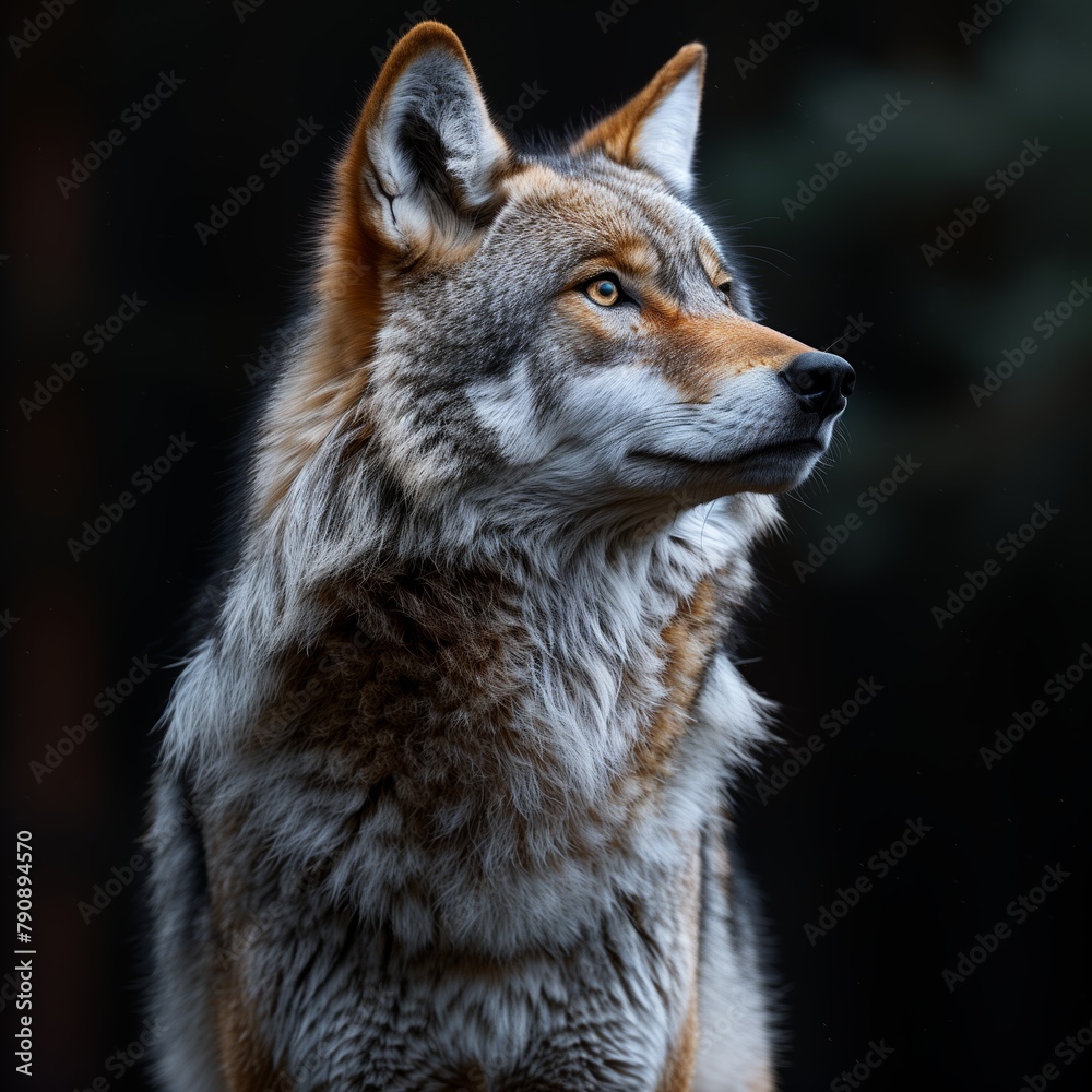 Wolf in profile on solid black background Wolf in profile on solid black background