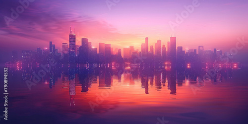 Urban Reflections Cityscape at Sunset with Purple Sky Reflected in Water at Dusk