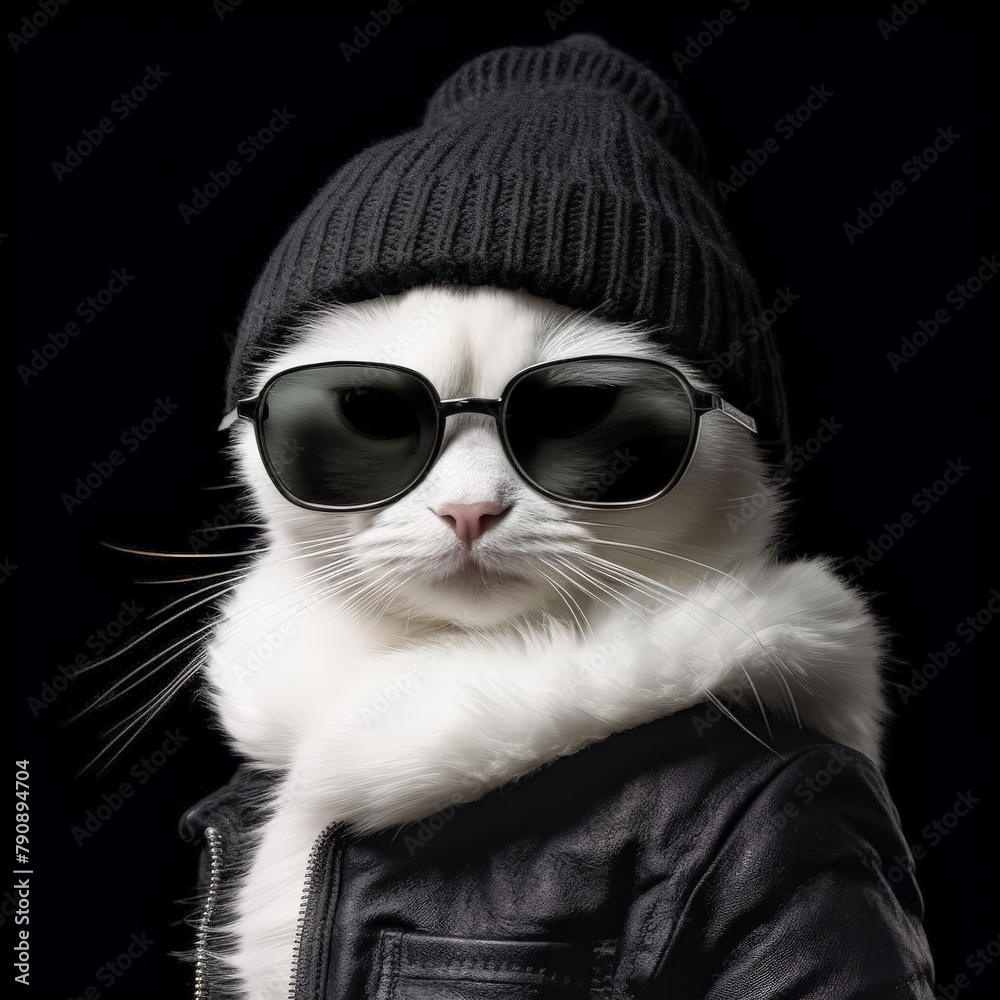 A white cat sporting sunglasses and a red hat, exuding coolness and a hint of playful charm.