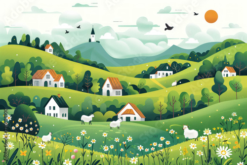 Summer Village Landscape. Drawing in a geometric style of houses  hills and grazing sheep in a meadow