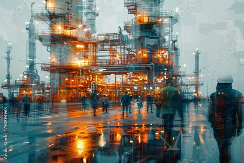 A composite image blending industrial plant infrastructure with the hustle of workers, illustrating a busy production environment. © ChanaphaStudio