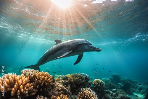 A dolphin is swimming in the ocean next to some coral. The dolphin is smiling and he is enjoying its time in the water photo