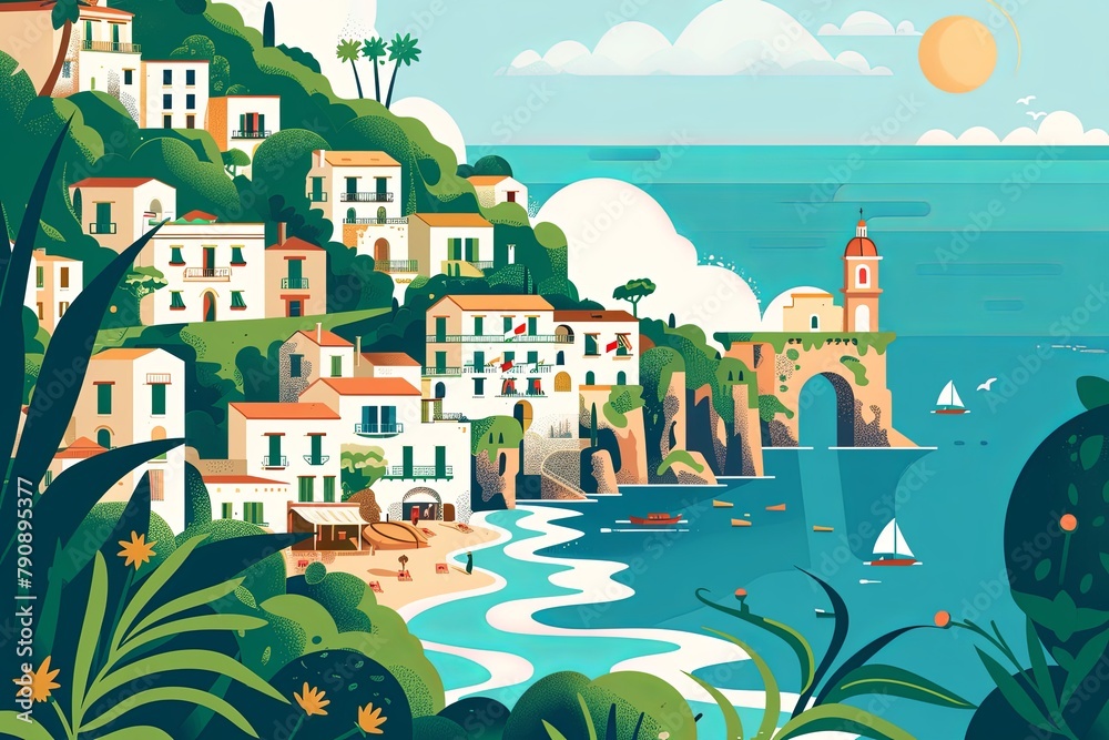 This vibrant illustration of the Amalfi Coast captures the picturesque charm of its cliffside villages, lush greenery, and tranquil sea, ideal for travel and tourism promotion or cultural exploration 