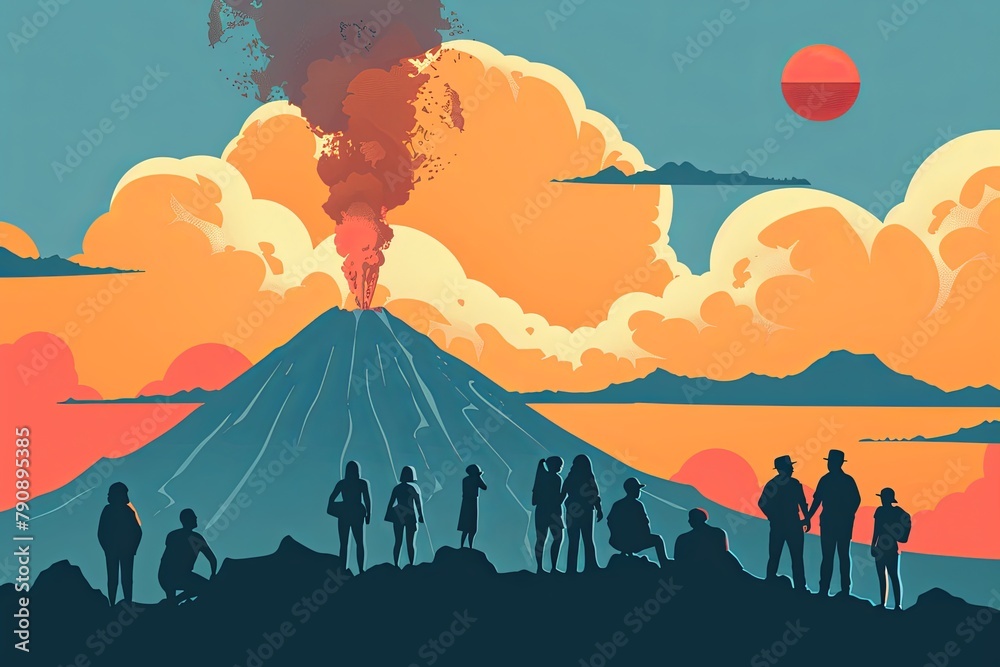 An illustration captures onlookers witnessing the majestic and terrifying eruption of a volcano under the starry twilight sky, perfect for themes of adventure, natural wonders, and geological studies.