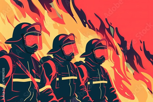 illustration depicts the valiant profiles of firefighters against raging flames, symbolizing courage and dedication in disaster scenarios. photo