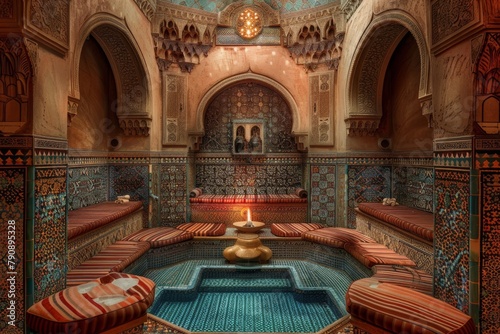 Fountain in a room with a blue ceiling. Hammam background 