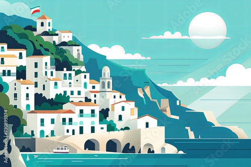 This vibrant illustration of the Amalfi Coast captures the picturesque charm of its cliffside villages, lush greenery, and tranquil sea, ideal for travel and tourism promotion or cultural exploration 