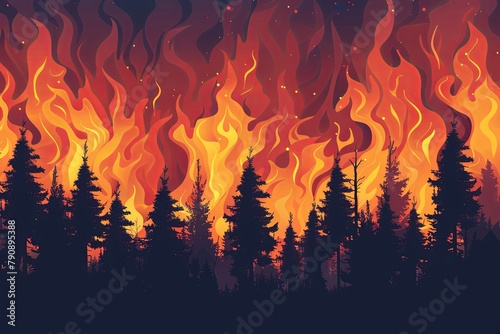 A compelling illustration captures the intensity of a forest wildfire at sunset, with vibrant flames and smoky skies, emphasizing the urgency of wildfire awareness and environmental protection.