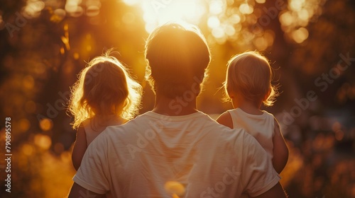 A man with two children in his arms in the sunset rays, Father's Day
