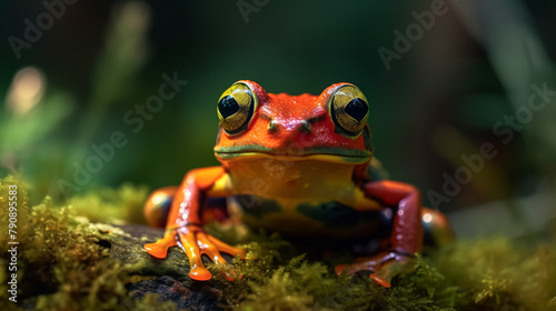 A frog is sitting on a leafy surface. The frog is green and brown in color. The frog has a yellow spot on its face © Людмила Мазур