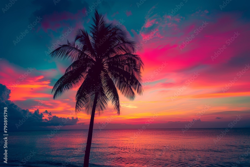Sunset over the ocean with a palm tree silhouetted against the sky