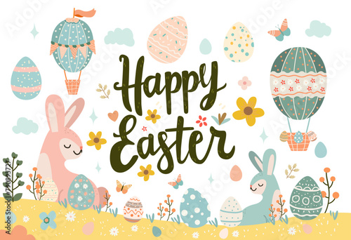 Happy Easter greeting card with eggs in air balloons shape spring holiday celebration card horizontal